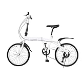 Eieblek 20 Inch Folding Bike, White Folding Bicycle Foldable City Bike, Adjustable Height 6 Speed Gears Bikes, High Carbon Steel Frame, for Adults and Children(1.4-1.9m)