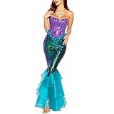 DELIMALI Women's Mermaid Ladies Ruffle Sequin Fairytale Book Fancy Long Tail Dress Womens Adults Costume Outfit (Blue, Medium)