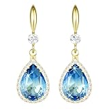 Linawe 14K Gold Blue Aquamarine Earrings - Trendy Dangle Drop Chandelier Rhinestone Cubic Zirconia Crystal Teardrop Wedding Earrings