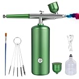 Airbrush Kit with Compressor - Rechargeable Portable Non-Clogging High-Pressure Air Brush Set with Nozzle and Cleaning Brush Set for Nail Art, Makeup, Barber, Cake Decor, Model Painting (Green)
