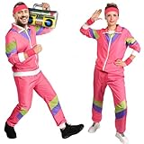 Aomig 80s Costumes Men Women, 80s Tracksuit Costume with Headband Wristband, Retro Tracksuit for Rockstar Carnival Halloween Cosplay Parties Costume Neon Jogging, Pink-M