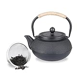 Spring Chef Stovetop Cast Iron Teapot with Stainless Steel Infuser, Black Traditional Japanese Tetsubin Tea Kettle, Removable Infuser Tea Pot Handmade 900ml/30.43oz