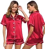 SWOMOG Pyjamas for Women Silk Satin Pyjama Bride Pjs Set Two Piece Pj Sets Button Down Sleepwear Loungewear Bright Red