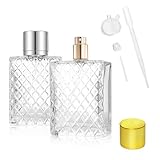 LUBOXIN 2 Pcs 100ml Perfume Atomisers Refillable, Clear Glass Perfume Spray Bottle Square Grids Empty Perfume Bottles Portable Travel Perfume Atomiser Refillable with Funnel, Dropper and Squeezer