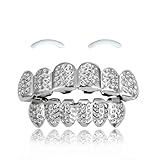 SSyang 18K Hip Hop Teeth Grills for Mouth Braces Decoration with 2 Silicone Moldings Hip Hop Teeth Grills for Mouth Top Bottom Music Festival Party Rapper Decorations (Silver,Flower style)