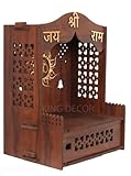 King Decor Wooden Temple Mandir with Jali Design, Brown Wood Prayer Cabinet with Om Symbol, Traditional Hindu Pooja Altar
