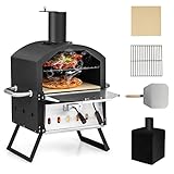 COSTWAY Outdoor Pizza Oven, 1/2-Layer Wood Fired Pizza Maker with Waterproof Cover, Anti-scalding Handles, Pizza Stone & Pizza Peel, Outside Pizza Cooker (54 x 31 x 72 cm, 2-Layer, 1 Grill)