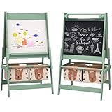AIYAPLAY Art Easel for Kids with Paper Roll, 3 in 1 Double-Sided Kids Easel for Children, Drawing Board with Blackboard and Whiteboard, Storage Baskets, Green