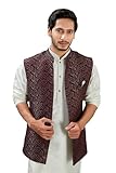 Lady Dwiza Indian Traditional Jacquard Open Waistcoat Weddings Festive Occasions Nehru Jacket For Men, Wine, 40