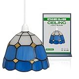 LEDSone Tiffany Style Glass Pendant Lamp Shade Stained Glass Ceiling Light Shade for E27 Fittings Vintage Hanging Light for Kitchen, Hallway,Living Room Blue & White Decorative Lighting
