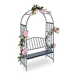 Relaxdays Arbour with Bench, Robust Metal, 2-Seater Decorative Garden Chair, Trellis, HxWxD: 205 x 115 x 50 cm, Black