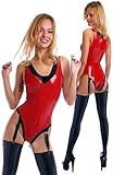 Sexy Women Latex Catsuit Lingerie Stockings with Garter Sexy V-Shape Neck Rubber Tops Fetish Latex Clothing Set Include 2pcs= Tops with Garter + Stockings,As It,L