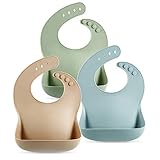 PandaEar 3 Pack Thick Silicone Baby Bibs for Babies & Toddlers (10-72 Months)| Waterproof Baby Feeding Bibs Adjustable with Wide Food Catcher Pocket, Soft, Unisex, Non Messy |Brown/Blue/Green