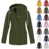Womens Waterproof Jackets, Ladies Fleece Jackets Full Zip Comfortable Softshell Trench Coats Casual Drawstring Windproof Raincoat With Pockets Pure Color Hooded Windbreaker Jacket
