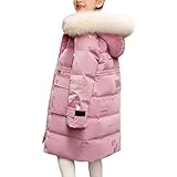De feuilles Kids Girls Hooded Padded Coat Winter Warm Mid-Length Jacket Solid Color Shiny Letter Print with Faux Fur Hooded Pink,6-7 Years