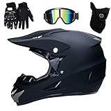 UIGJIOG Matt Black Motorcycle Cross Helmets, Full Face MTB Helmet with Goggles Mask Gloves, Motocross Helmet for Men, Youth & Kids, M(54~55cm)