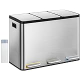 Hzuaneri Kitchen Bin, 3 x 15 L Recycling Bins for Kitchen, Colored Pedal Bin with Lid, Removable Inner Buckets, Stainless Steel Rubbish Bins for Recycling and Waste, for Kitchens, Silver SW04599E