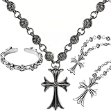 Cross Necklace, Retro Cross Pendant with Necklace, Chrome Hearts, Cross Chain Silver Men's Cross Necklace, Iron Cross Chain for Faith and Style, 50 cm Cross Chain and Four Leaf Ring for Men and Women