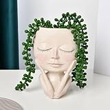 Luyi-Life Cute Girl Head Planter Pots Succulent Face Flower Pot Closed Eyes Resin Cactus Planter with Drainage Hole Indoor Outdoor Plant Pot for Home Office Decoration