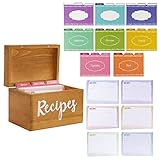 Juvale Wooden Recipe Box with 60 Cards and 24 Dividers with Meat, Veggie, Dessert Tabs (18 x 12.7 x 11.9 cm)