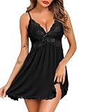 Vlazom Women Nighties, Elegant Lingerie for Ladies Nightdress Lace Chemise Slip Dress V Neck Babydoll Sleepwear Black,XL