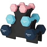 SONGMICS Set of 6 Dumbbells with Storage Stand, Hand Weights with Neoprene Coating, Hexagonal Dumbbells, 1 kg, 2 kg, 3 kg, Home Workout, Fitness, Pink, Aqua, and Blue SYL612MK