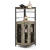 TANGZON Corner Bar Cabinet, 2 Mesh Doors Wine Cabinet with Glass Holders, Adjustable Shelf & Anti-Tipping Devices, Industrial Liquor Drinks Storage Sideboard for Home Bar Kitchen Cellar (Oak Grey)