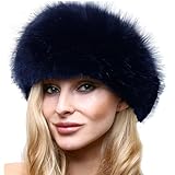 Women's Faux Fur Hat Ladies Russian Cossack Style Winter Caps (Faux Fox Fur-Navy Blue, One Size)