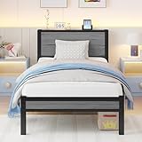 DUMEE Wooden Single Bed Frame with Storage Headboard Shelf, 3FT Metal Bed Frame Single Bed Base/Mattress Foundation, Enhanced Support Noise Free, No Box Spring Needed,Textured Black+Grey Oak