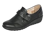Cushion Walk EEE Wide Fitting Women's Ladies Lightweight Black Leather-Lined Touch Fastening Low Wedge Shoes, Casual Work Office Comfort Shoes (Black, numeric_5)