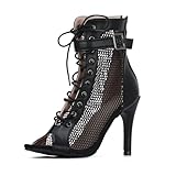 EVEOUT Women's Mesh Sandals High Heel Peep Toe High Top Lace Up Summer Sexy Boots Buckle Strap Party Shoes Black