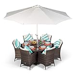 Savannah Round 6 Seater Rattan Dining Set - Brown Outdoor Garden Table & Chairs for Patio Conservatory with Parasol & Cover