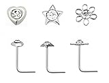 Heart Star Flower Set of 3 Nose Studs 925 Silver L Shape Thin 0.6mm Bar