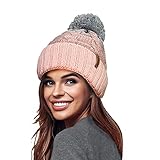 RockJock STORMACTIVE 100% Waterproof Ladies Unisex Chunky Ombre Warm Winter Teddy Fleece Lined Knitted Pompom Beanie Hat-Pink/Grey
