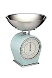 KitchenCraft Living Nostalgia Mechanical Kitchen Scale with Bowl in Gift Box, Scale made of Cast Iron with Acacia Wood Stand, Vintage Blue