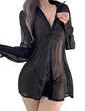 Yishark Ladies See Through Lingerie Sets Naughty Nightwear Sexy Outfits Women UK Bedroom Negligee Babydoll Top Night Shirts Sheer Dress Nighties Long Sleeve Nightdresses Black