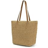 Straw Beach Bag for Women, Summer Straw Tote Shoulder Bag, Reusable Boho Casual Travel Holiday Handbag with Zipper Handles for Beach Vacation Outdoor Work Shopping Daily Use (Brown)