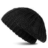 Women Knitted Beret Hat Black Slouch Beret Winter Braided Baggy Warm Hat for Women Girls