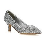 Womens Low Heel Pointed Toe Court Shoes Ladies Slip On Glitter Bridal Party Kitten Heel Pumps 3-8