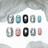 Sun&Beam Nails Handmade Press-on Short Squoval Round Blue Pink Black Silver Star Rhinestone Y2K Design Fashion False Nail Tips 10 Pcs Set (#205 XS)