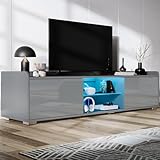 Blisswood Large TV Unit – 160 Cm High Gloss LED TV Cabinet with 20-Colour RGB Lights, Glass Shelf, Cupboards & Storage, Stylish Tv Cabinet for Living Room Furniture, Suitable for 55–65” TVs (Grey)