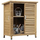 Outsunny Garden Shed Wooden Garden Storage Shed 2 Door Unit Solid Fir Wood Garage Tool Organisation Cabinet, 87L x 46.5W x 96.5Hcm, Natural