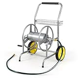 COSTWAY Garden Hose Reel Cart, Heavy Duty Water Hose Trolley with 2 Wheels & Storage Basket, Outdoor Hose Reel Holds 70 m of 20 mm, 19mm & 90 m of 15 mm Hose for Lawn Yard (Silver)