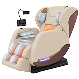 yewglen Massage Chair Full Body, Zero Gravity Massage Chair with 10 Fixed Rollers, Wood Grain Leather, Foot Massage, Airbags, Lumbar Heating, Bluetooth and Control Screen (Creamy White)