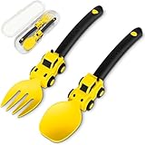 Construction Toddler Cutlery - Toddler Fork and Spoon - Suitable for Kids Cutlery Set - Kids Construction Truck Toys, Christmas Birthday Gift for 1 2 3 4 5 Year Old Toddlers - Yellow