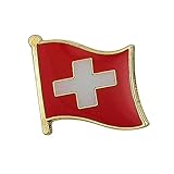 Switzerland Flag Lapel Pin – Swiss Cross National Enamel Badge by Panda Loco – Red & White Waving Design with Gold Trim (1.6 x 1.9cm)