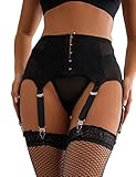 ohyeahlady Women Stretchy Lace Suspender Belt Mesh Garter Plus Size Lingerie Set with 6 Wide Straps Metal Clip for Stockings (G-string included) (Vintage Black, 12-14)