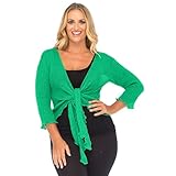 NetSetUK Women’s Fish Net Tie Up Shrug 3/4 Sleeve Fine Knitted Ladies Bolero Shrug Top Jacket Cardigan One Size Jade Green