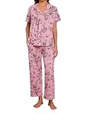 Famulily Womens Pyjama Sets V Neck Loungewear Floral Print Outfits Nightwear Sleepwear Short Sleeve 2Pcs Homewear with Pockets Pink M
