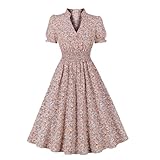 Wellwits Women's Collared V Neck Shirred Ditsy Floral Vintage Dress Pink 2XL